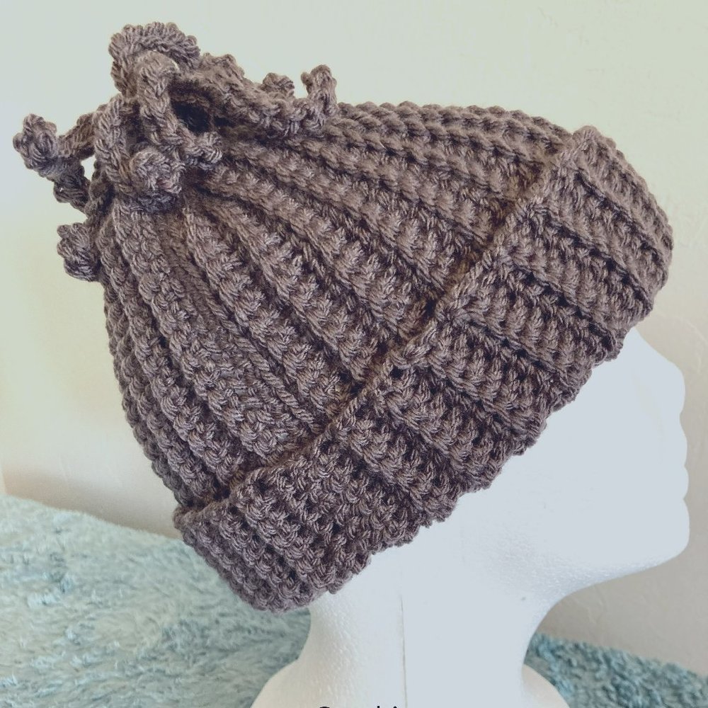 Adorable adult Beanie with Fringe! Color: Graphite (grayish purple)